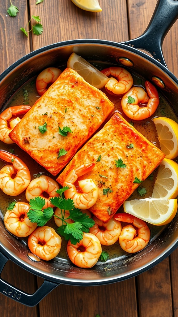 A skillet with garlic butter shrimp and salmon, garnished with parsley and lemon, on a wooden table.